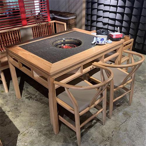 中式仿古火烧石台面实木火锅餐桌